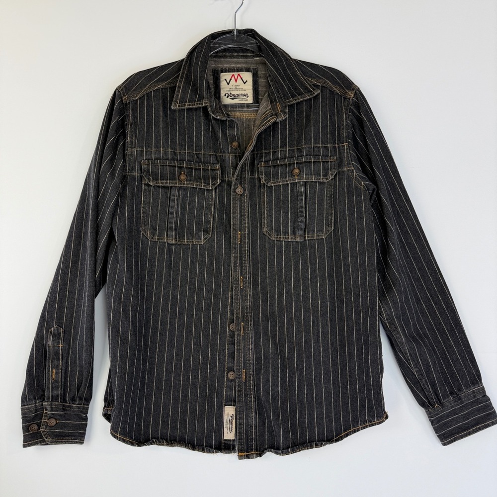 Vimanron Hickory Stripe Denim Work Shirt Mens L Black Flap Button Pocket
